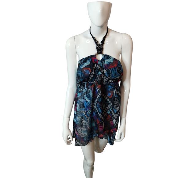 Women's Large Y2K Top-No Boundaries Colorful Halter Blouse-Beaded Satin Rope Tie - Picture 2 of 10